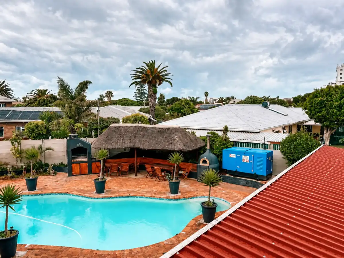 Aerial view of the pool and outdoor gathering area